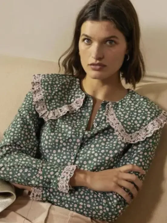 BODEN Green & Pink Floral Ruffle Statement Collar Long Sleeve Blouse - Size - 6 - Picture 2 of 10